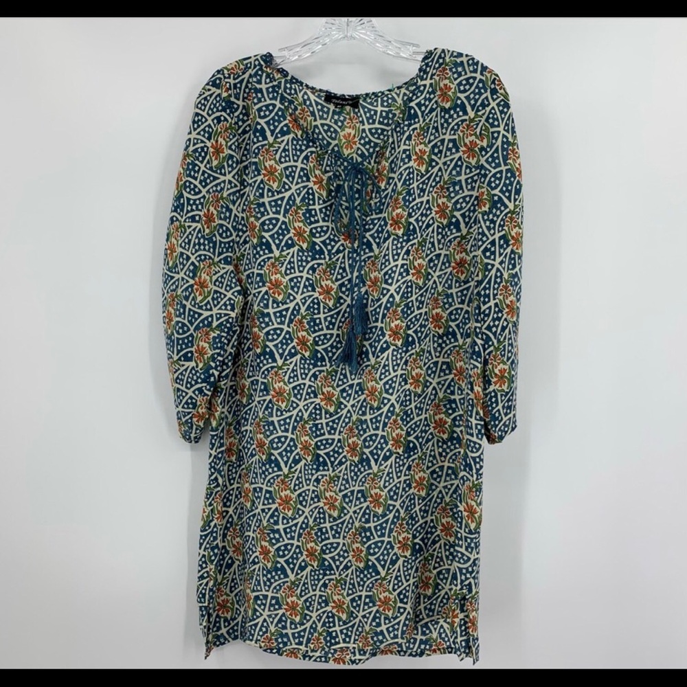 Tolani 100% Silk Tassel Tie Blue Floral Print Tunic Dress, Size M